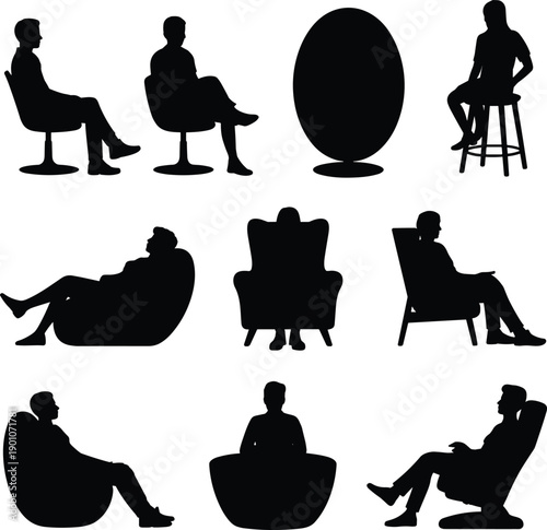 Minimalist black silhouettes of seated people on modern chairs, abstract human figures collection isolated on white background for design, branding, presentations, and creative concepts