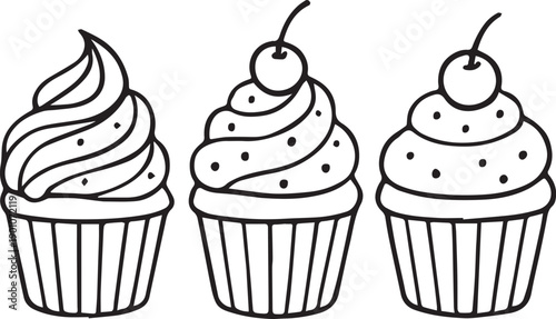 Cupcake Trio: A delightful trio of cupcakes, each crowned with luscious swirls of frosting and adorned with a single, glistening cherry on top.