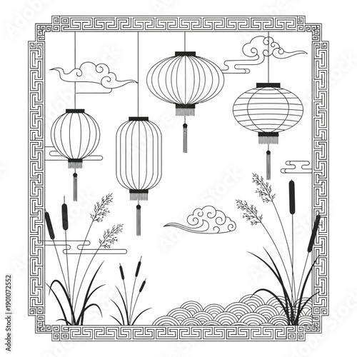 Asian lanterns, hanging paper lanterns, black and white, line art, decorative frame