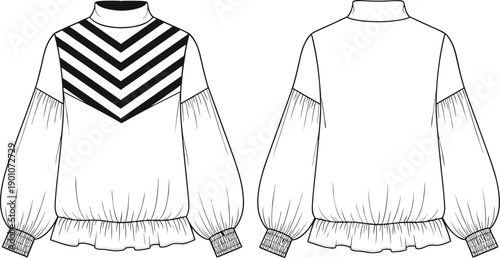 Women's long-sleeve blouse technical sketch featuring a chevron striped yoke, puff sleeves with gathered cuffs, and a ruffled hemline isolated on white background.