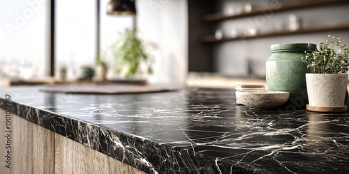 A dark, veined countertop with decorative jars and a potted plant