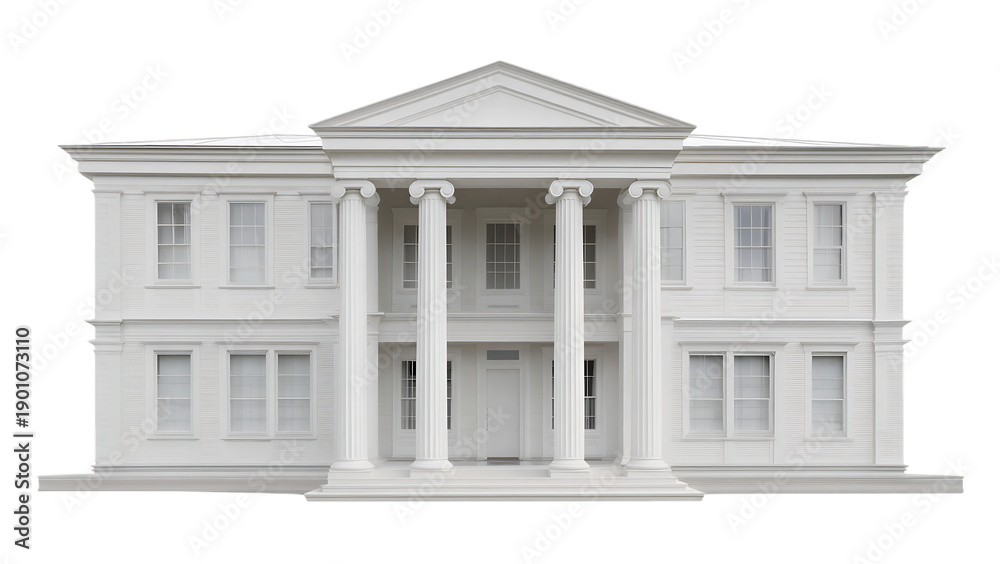 Obraz premium Large white house with columns and triangular roof on transparent background transparent background