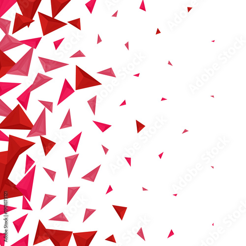 Abstract composition of red and pink 3D triangles flying from the left edge. png