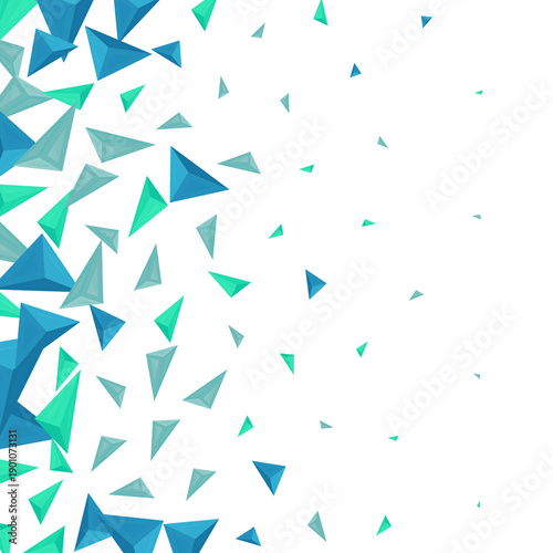 Abstract composition of blue and turquoise 3D triangles flying from the left edge. png