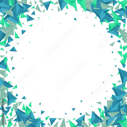 Circular frame of blue and turquoise 3D triangles flying from the edges to the center. png