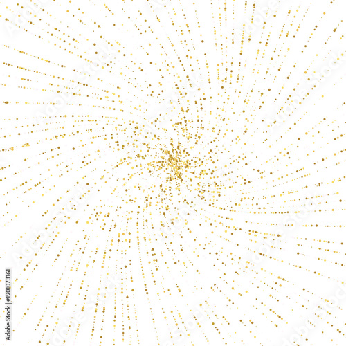 Golden glitter swirl of small particles spreading from the center in a spiral on a transparent background. png