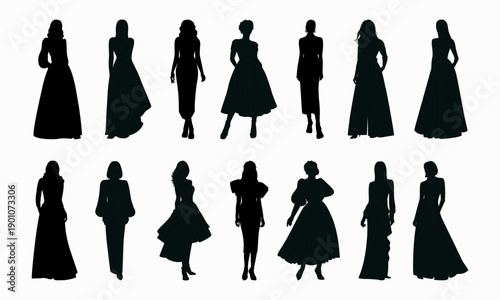 Set of silhouettes of women in evening dresses. Fashion girls in formal clothes for event or cocktail party. Hand drawn vector illustration isolated on white background, flat cartoon style.