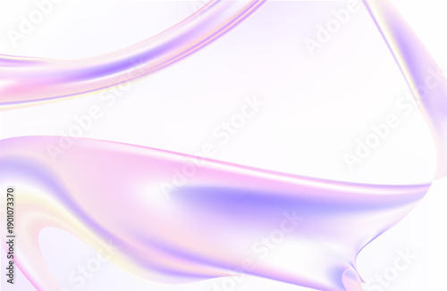 3D render of an abstract nature landscape featuring a transparent glossy glass ribbon floating on water. Holographic curved wave in dynamic motion with iridescent gradient reflections. Modern business