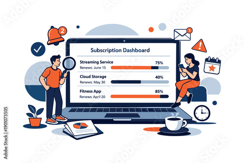 Subscription dashboard. Laptop screen with active plans, renewal dates and progress bars, notifications
