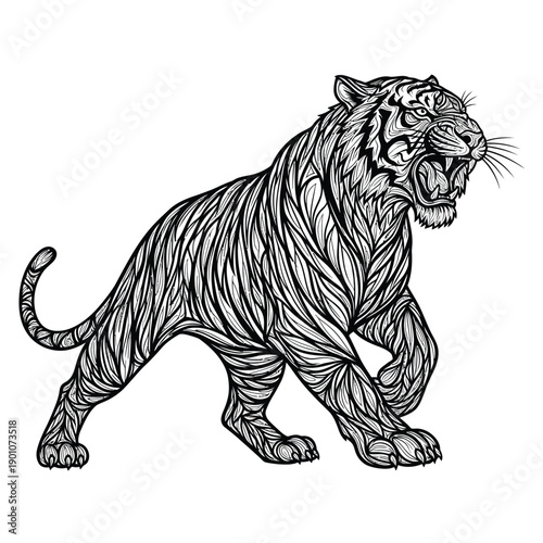 Detailed black and white illustration of a roaring tiger with striped fur and sharp claws on a plain background
