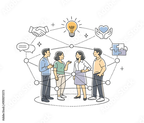 Collaborative Team Network. Team relationships. Small group standing in a circle, lines linking them into a