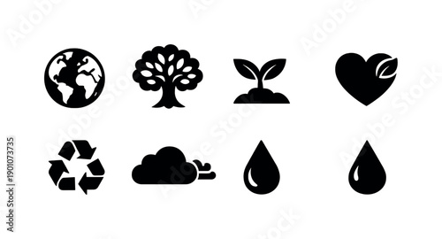 Earth Day Icons. Earth Day: planet covered in greenery. Filled icon set of Earth Day: planet covered in