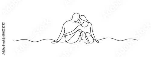 Togetherness. Minimalistic one-line drawing two human figures sitting close together with a shared flowing
