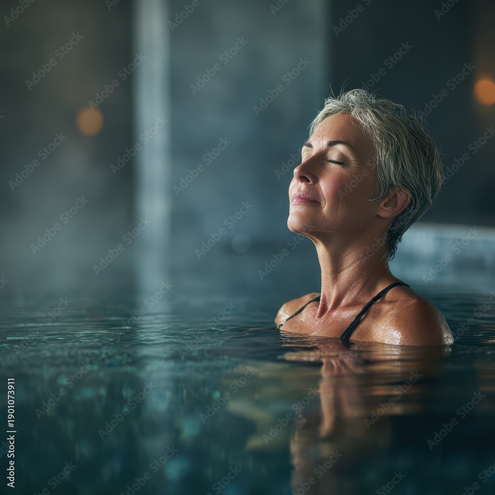 Fototapeta premium Relaxation in water: close-up of a mature woman in an indoor pool with gentle ripples and calm expression