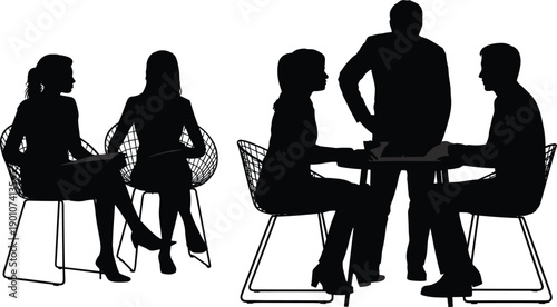 Silhouettes of business professionals having a team meeting and discussion at modern office table, representing corporate collaboration, leadership, teamwork, and strategic planning concept