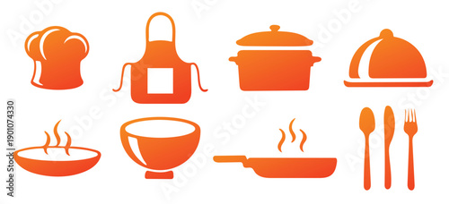 Collection of Orange Kitchen Utensils and Cooking Icons on White Background vector