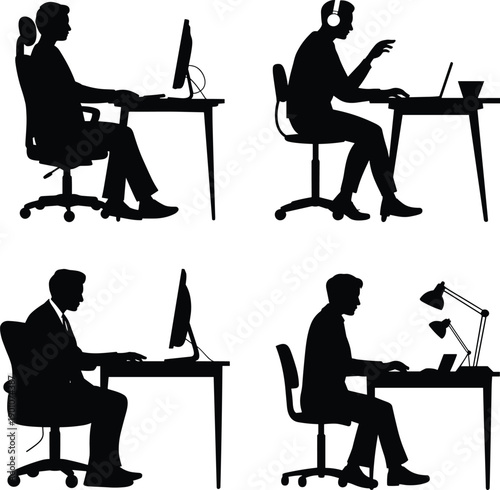 Silhouettes of office workers sitting at desks using computers and headsets, modern workplace concepts showing remote work, productivity, technology, and professional business environments