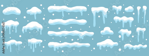 Set of realistic winter snow caps vector elements. Snow caps, snowy ice and frozen icicles, vector cartoon icons, abstract snow frost caps and icicles of house roof shape for Christmas and New Year