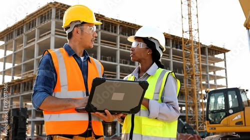 Two construction workers in hard hats and safety vests review plans on a tablet at a building site in a video about construction management