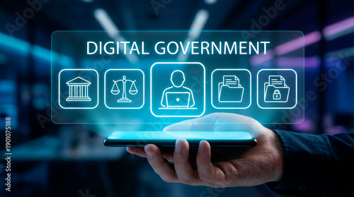 Digital government concept. Modern governance technology and digital transformation in public sector, focusing on data management and security infrastructure.