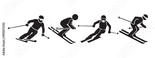 Skiing Icons: Downhill Skiers in Action Silhouette Set