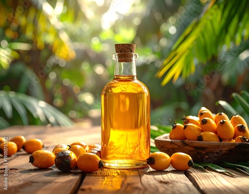 A clear glass bottle filled with golden yellow palm oil placed on a wooden table