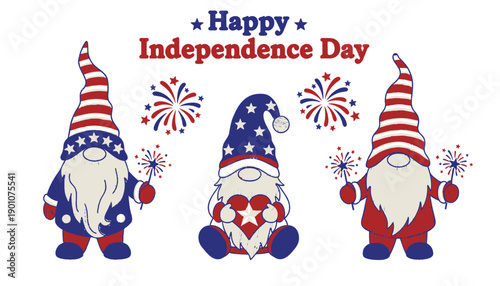 patriotic gnomes with fireworks and 'Happy Independence Day' text, vector illustration for banner or poster
