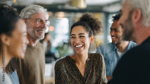 Multi-generational diverse group of people laughing and socializing indoors
