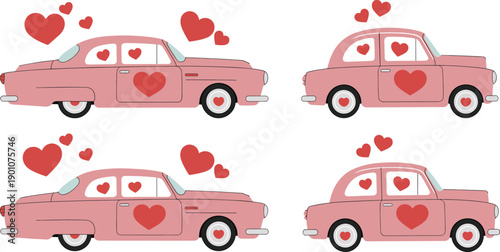 Romantic pink vintage cars decorated with hearts, cute valentine love illustration for greeting cards, wedding designs, anniversary projects, and romantic holiday backgrounds
