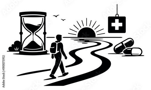 Line art illustration of a person walking on a winding path depicting a journey with symbols of time, health, and future for concepts of life, wellness, and destiny
