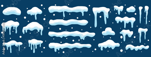 Collection of cartoon snow caps and icicles in a simple, flat design. Set with various frozen snow and ice elements, perfect for decorating roofs, text, or frames for a winter theme
