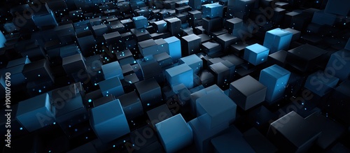 Dark cubes with blue lights and a digital abstract background