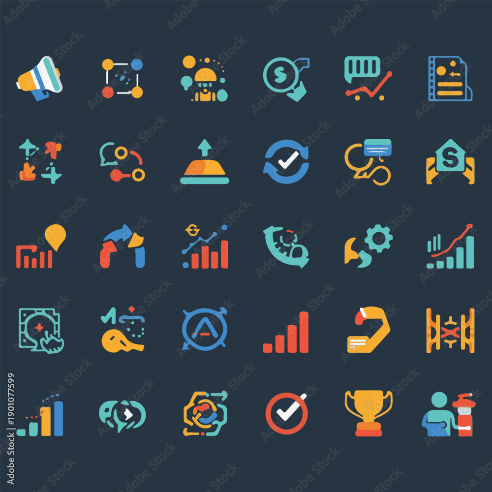 Obraz premium Colorful business and marketing strategy flat vector icon set for web and mobile apps.