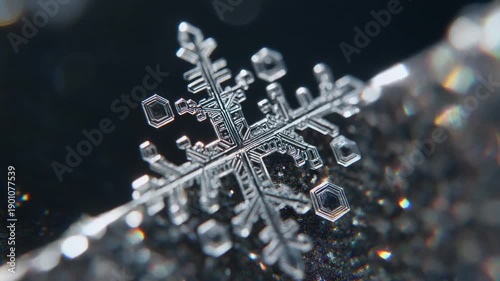 Macro shot of a sparkling snowflake, showcasing its intricate crystalline structure and delicate beauty, against a dark background with subtle bokeh and colorful light refractions, highlighting the w.