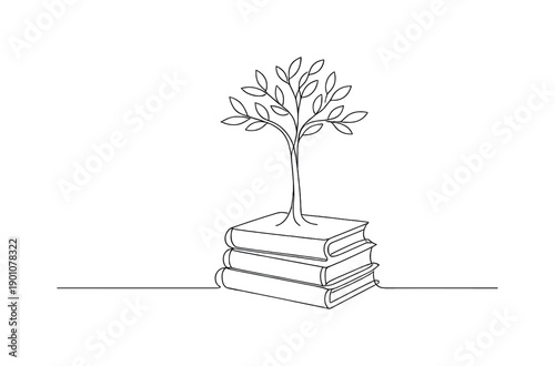 "Book of life concept". Minimalistic one-line drawing stack of books with single tree rising gracefully from