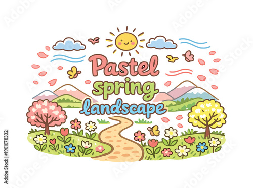 Pastel spring landscape. Hand-drawn doodle illustration of Pastel spring landscape. rolling hills, blooming