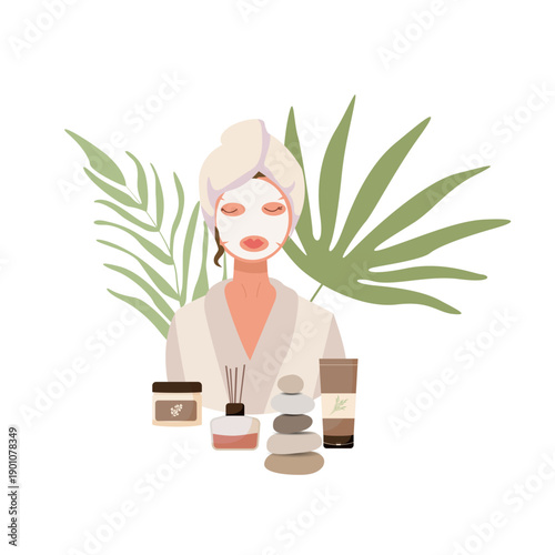 Illustration for cosmetic procedures or salons. A girl wearing a towel turban and a fabric mask on her face, surrounded by flowers and plants. Vector