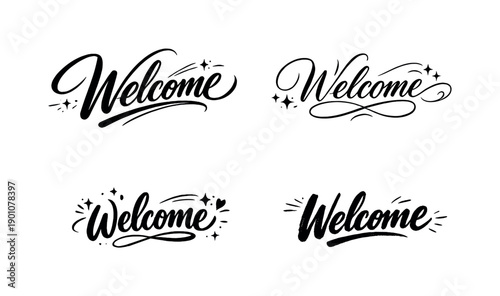 Open doors. Create a calligraphy lettering illustration of the phrase: Welcome. Render 4 variations of this