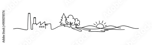 "Sustainable future". Minimalistic one-line drawing factory silhouette transforming into trees and clean