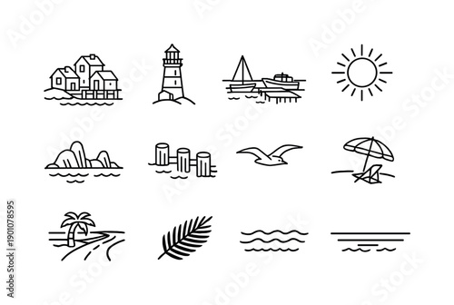 Sunny seaside town. Line outline icon set of Sunny seaside town: harbor houses, lighthouse tower, docked boats