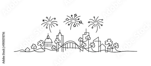 "Green city St. Patrick’s celebration". Minimalistic one-line drawing city buildings wrapped in shamrock
