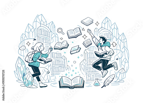 Library hidden inside a glowing crystal cave. Tall bookshelves carved into crystal walls, soft light