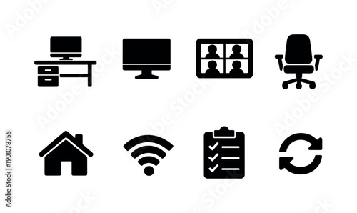 Hybrid work environment. Filled icon set of Hybrid work environment: workstation desk, desktop monitor, remote