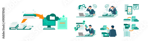 OCR document scanning solution set using scanner, multifunction printer and mobile phone for paperless workflow, text recognition, automation and digital transformation in business office