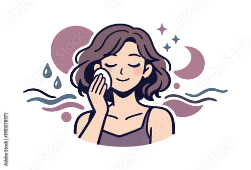 Skincare calm moment. Person with closed eyes holding cotton pad, soft waves and droplets symbolizing care and
