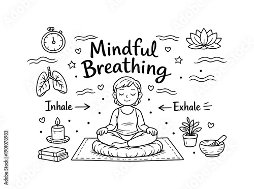 Mindful Breathing. Hand-drawn doodle illustration of Mindful Breathing. person sitting, inhale exhale arrows,