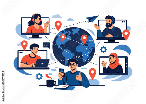 Global workforce. Remote team members connected across countries, location pins and screens linking people.