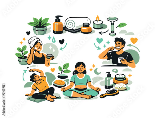 Self-care essentials. Flat lay style scene with hygiene and wellness items arranged symmetrically, plants and