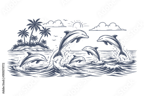 Pod of Playful Dolphins Leaping Out of Ocean Waves Near a Tropical Island with Palm Trees Black and White Line Art Style Vector Illustration
