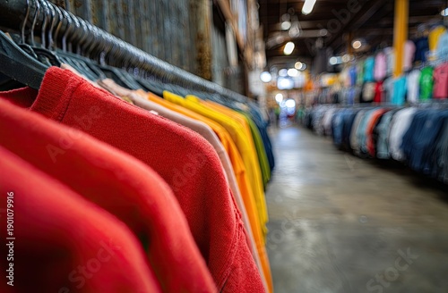 Colorful t-shirts hang on racks in a vast, blurred clothing store or warehouse